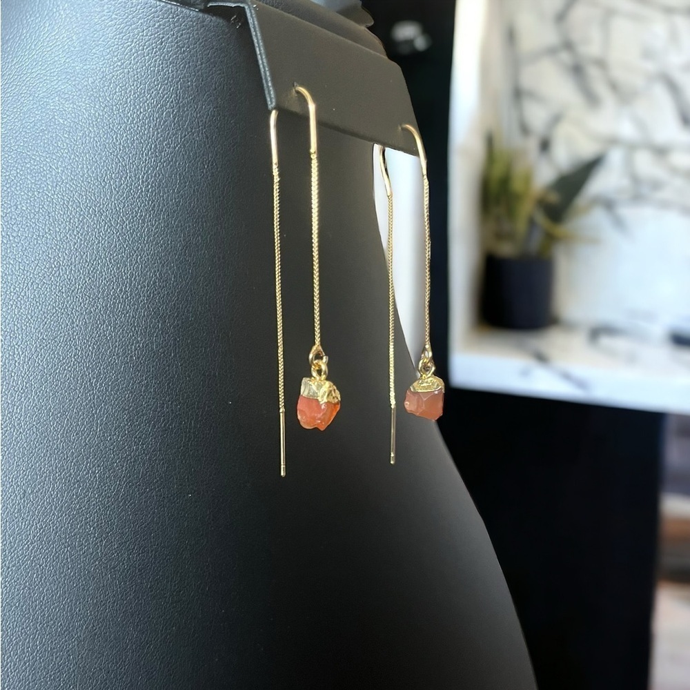 Raw Carnelian Gold Threader Earrings - Picture 3 of 3